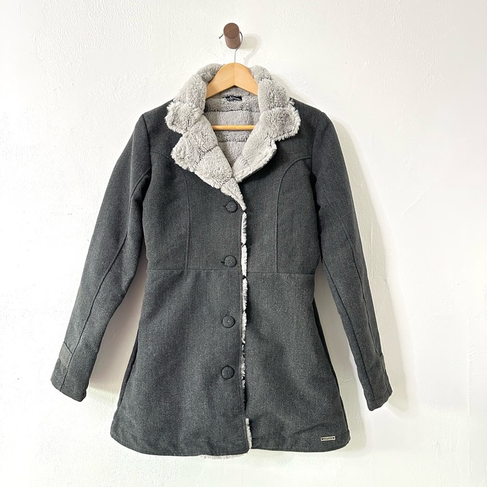 Women's charcoal grey button down coat with faux fur‎ collar